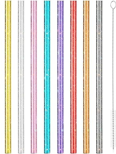 HoAhaMay 8pcs Pajitas Reutilizables, Pajitas Largas Brillantes de 12 Pulgadas Pajitas de Gruesas Reutilizables Pajitas Transparentes Coloridas con Cepillo de Limpieza Pajitas de Repuesto de Plástico ﻿
