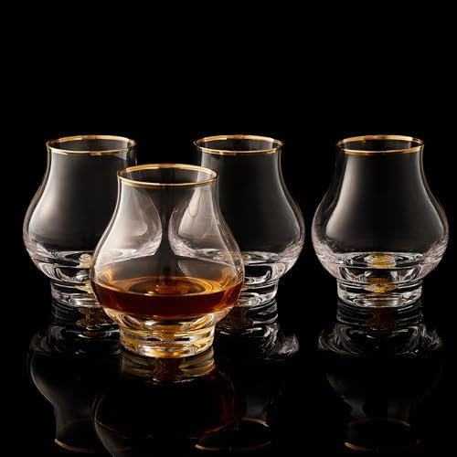 DUJUST 【Nuevo diseño 2025】 Elegante juego de 4 copas de balón curvilíneas (205 ml), copas de whisky de cristal con de oro de 24 quilates, cop de lujo para brandy/Bourbon/tequila, sin BPA ni plomo