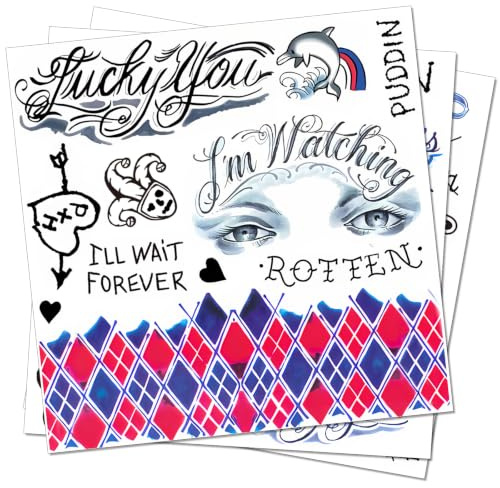 HQ Tattoos Temporary Halloween - 13Sheets Joker Temporary Tattoos for Suicide Squad Costume Joker Smile Hand Mouth Damaged Fake Tattoo Stickers Masquerade Cosplay Party Accessories Makeup