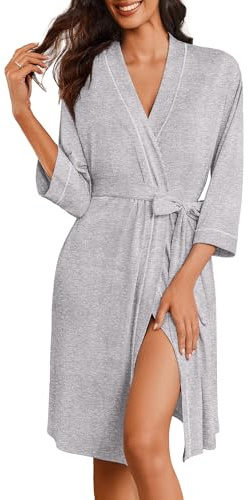 Ekouaer Robes for Women Knee Length Bathrobe Lightweight Kimono Robe 3/4 Sleeve Loungewear Soft Sleepwear with Pockets L