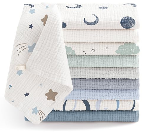 bearmoss Muslin Squares Cloths 100% Cotton Baby Burp Cloth 25x25CM Large Ultra-Absorbent Burp Cloth Soft Baby Face Towel for Newborn Baby Boy and Girl, 10Pack (BlueSky)