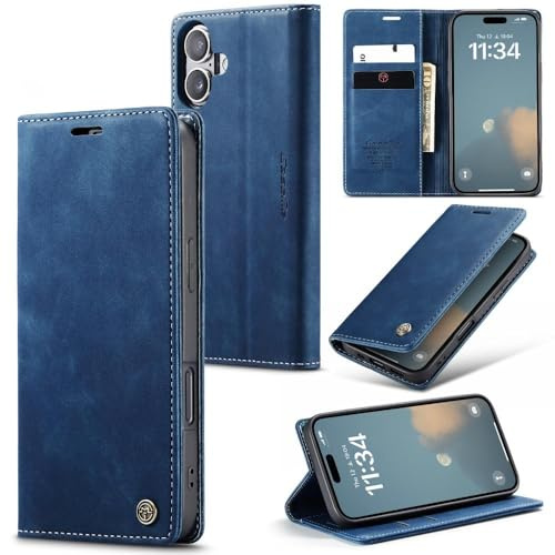 WJXEXRS iPhone 17 fodral premium läderfodral mobiltelefon [kort och plånbok] [vikbart stativ][magnetisk stängning] flip plånbok stötsäker fodral för iPhone 17-blå