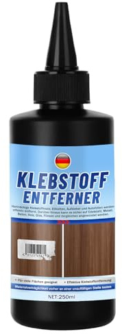 Klebstoffentferner Etikettenlöser Extra Stark, Entfernt schnell Klebereste auf Edelstahl, Glas, Fliesen & weiteren Oberflächen, mit Bürstenkappe & Schaber, Aufkleber & Etiketten Rückstandsfrei (250ml)