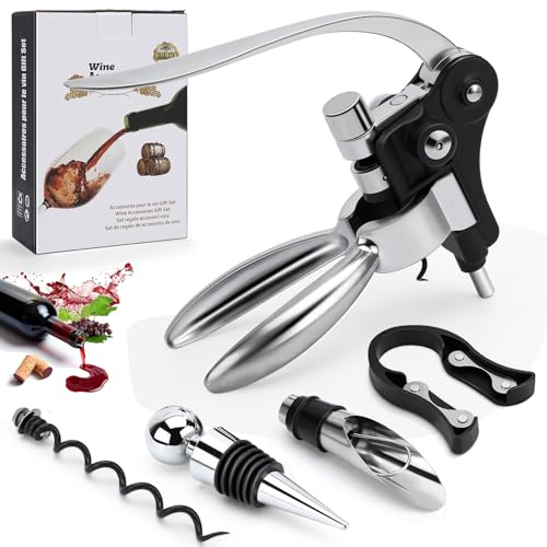 Raxfekro Lot de 5 tire-bouchons de qualité supérieure avec tire-bouchon à levier, bec verseur, bouchon sous vide, coupe-capsule et spirale interchangeable, pour tous les bouchons