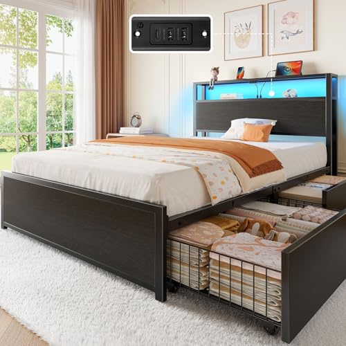 Rolanstar Twin Bed Frame with 4 Storage Drawers, Charging Station and LED Lights, Metal Platform Bed with 2-Tier Storage Headboard, No Box Spring Needed, Easy Assembly, Noise-Free, Black