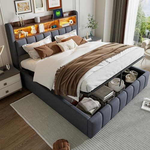 Jumua Doppelbett Polsterbett 180x200 cm mit USB C Ladegerät und LED, Hydraulisches Bett mit Stauraum, Bettgestell mit Kopfteil und Lattenrost, Leinen Betten ohne Matratze, Grau