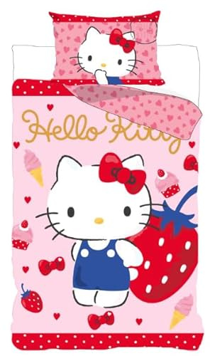 Hello Kitty Parure de Lit Bébé 100% Coton - Housse de Couette 100x135 cm + Taie d'oreiller 40x60 cm - Réversible Rose & Fraises