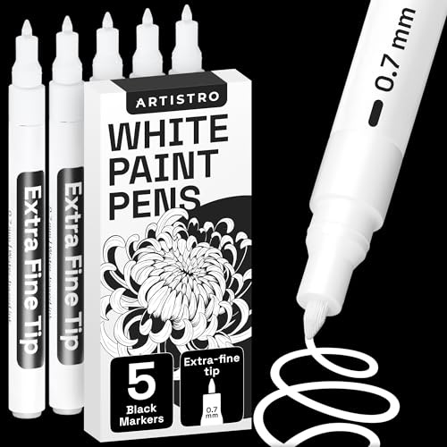 ARTISTRO 5 White Paint Pen for Rock, Glass, Ceramic, Wood, Tire, Fabric, Metal, Canvas, Marking, Painting - Set of 5 Acrylic Paint Markers Water-based