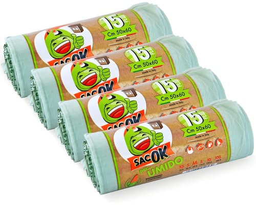 EFFENNE group - 60 Sacchi Umido 50x60 cm - Shopper Biodegradabili con Manici per la Raccolta Differenziata da interno - sacchi umido per la pattumiera della cucina e del bagno.