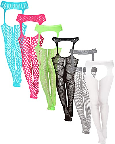 Skylety 6 Pairs Women Fishnet Thigh High Stockings Garter Belts and Suspender Pantyhose Stockings for Halloween (Classic, White, Grey, Light Blue, Carmine, Fluorescent Green, Black,Medium-Large)