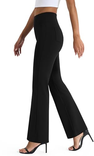 AFITNE Yoga Dress Pants for Women, High Waisted Workout Bootcut Flared Work Pants with Pockets Bootleg Business Office Casual Pants Black - L