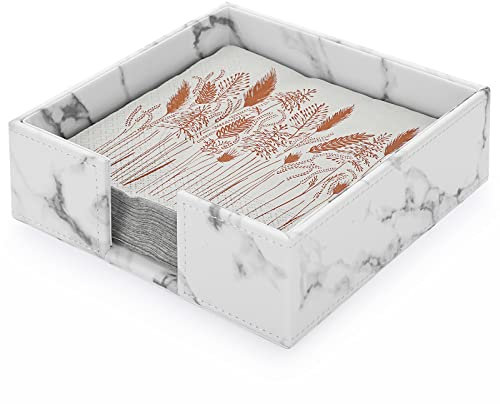 BTSKY PU Leather Square Napkin Holder - Cocktail Napkins, Napkin Box Tissue Holder for Dining Table Kitchen Restaurant Hotel Reception and Parties, PU Leather Storage Holder Organizer, Marble White