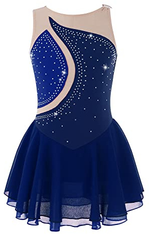IEFIEL Vestido de Patinaje Artístico para Niña Maillot Ballet con Falda Malla de Gimnasia Rítmica sin Mangas con Lentejuelas Brillantes Vestido de Danza Lírica S Azul Oscuro 11-12 años