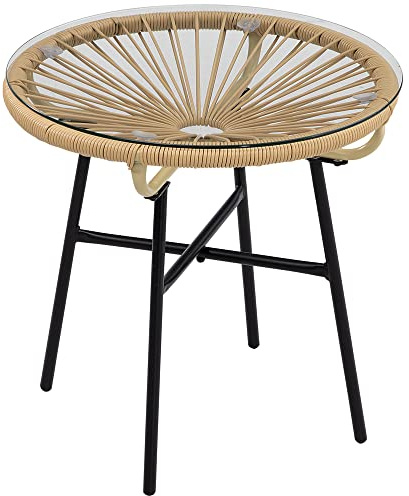 Outsunny Mesa de Jardín de Ratán Sintético Mesa de Centro Redonda para Exteriores con Tablero de Vidrio Templado y Patas de Metal para Patio Balcón Ø50x50 cm Beige