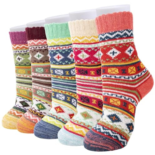 RnCop 5 Pairs Women Winter Socks, Thick Warm Thermal Wool Knitting Ladies Socks, Colourful and Quality Gifts for Women - Cross flower A