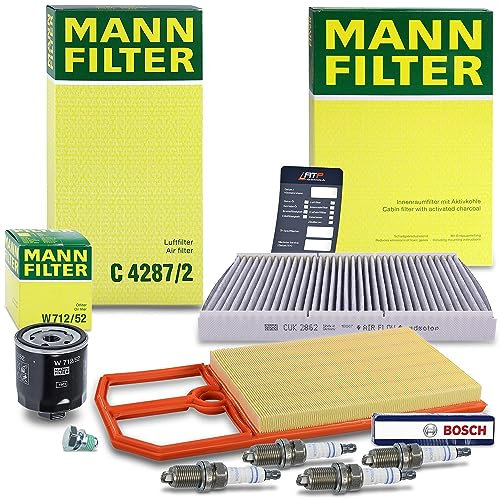 MANN-FILTER Inspektionspaket Filterset 1x Ölfilter, 1x Luftfilter, 1x Innenraumfilter (Aktivkohlefilter), 4x Zündkerze, Kompatibel mit SKODA OCTAVIA 1, VW BORA, GOLF 4, LUPO, POLO,
