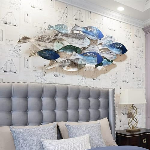 HJDSUDU Decorazione da Parete Pesce in Metallo dell'Oceano Costiero, Grande Scultura Parete Pesce 3D, Decorazione Appendere Pesce Dipinto a Mano, Decorazioni d'Arte Parete Pesce Artigianali, 126x53cm