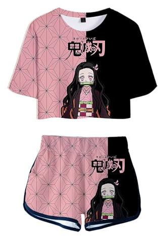 WANHONGYUE Anime Kamado Nezuko Ensemble Short et Crop Top Femme Fille Survêtement de 2 Pièces Été T-Shirt à Manches Courtes + Pantalon Court pour les Activités Sportives, Nezuko, S