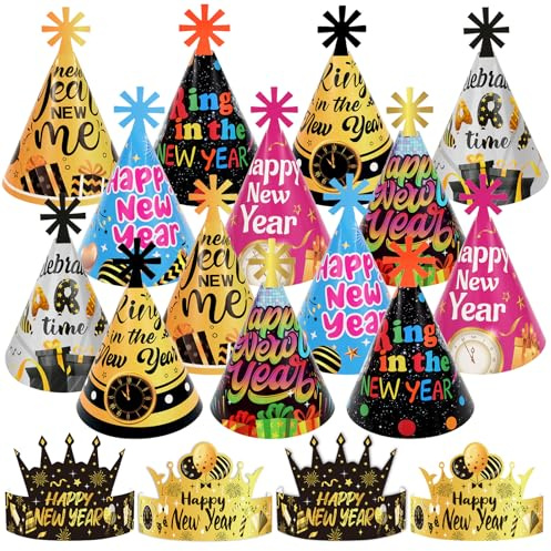 DPKOW 18pcs 2026 Fin de Año Gorros Multicolor Cónica Corona Sombrero para 2026 Nochevieja Cotillon, 9 Estilos Feliz Año Nuevo Gorros para Nochevieja Photocall Accesorios Cotillon Fin de Año Cotillon