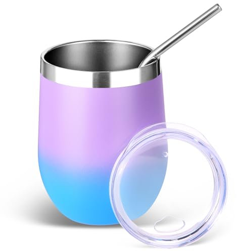 Volhoply Bicchiere da vino in acciaio inox da 350 ml, con coperchio e cannuccia, a doppia parete, isolamento sottovuoto, senza stelo, riutilizzabile, da viaggio, per bevande fredde, bicchieri da