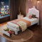 Callicarpa Kinderbett Polsterbett 90x200, Jugendbett Mädchen Bett mit Kronen LED-Kopfteil, Kinderbett Jugendbett mit Stauraum Schubladen (weiß, 90X200CM)