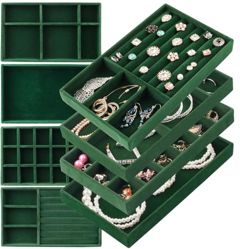 ERLSTE Jewelry Drawer Organizer, 8 Set of Stackable Velvet Organizer Tray, Drawer Inserts for Jewelry Organization, Showcase and Safely Store Your Collection with Elegance and Sophistication (Green)