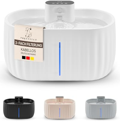 Pretty Paw Katzenbrunnen mit Bewegungsmelder - Trinkbrunnen für Katze Kabellos mit 45 Tagen Akku - Wasserbrunnen für Katzen mit Filter & 3 Liter Wassertank - Aqua Sense (Weiß)