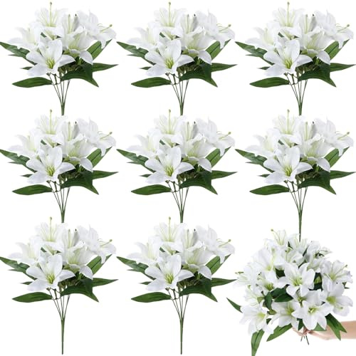 Giegxin 8 Pcs Artificial Tiger Lily Bouquets, Silk Faux Easter Lilies with 7 Heads, Realistic Spring Flowers for Wedding Centerpieces, Home Vase Decor, Party & Event Arrangements (White)