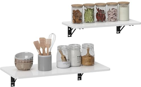 HOMCOM Juego de 2 Mesas Plegables de Pared Escritorios Flotantes para Espacios Pequeños Mesas Abatibles para Cocina Comedor Estudio Dormitorio y Salón Blanco Brillo