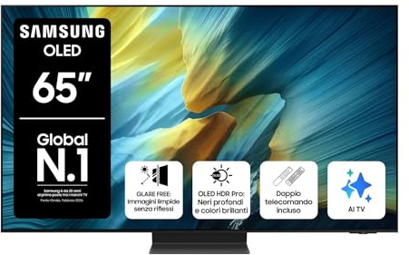 Samsung OLED 4K Vision AI Smart TV 65'' QE65S95FATXZT, NQ4 AI Gen4 Processor, 4K AI Upscaling, Glare Free, Dolby Atmos & OTS+, Infinity One Design, PACCHETTO INTRATTENIMENTO, 2025