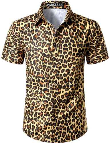 PARKLEES Men's Leopard Print Shirt Casual Cheetah Printed Short Sleeve Button Down Shirt Gold Large