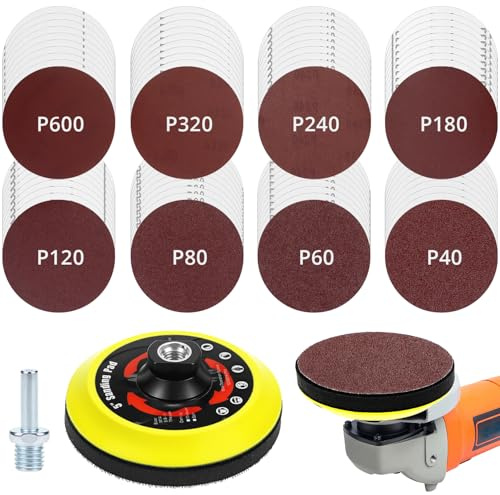 QWORK® 80 Pezzi dischi per smerigliatrice angolare, 125 mm grana 40/60/80/120/180/240/320/600 disco abrasiva per lucidatura con asta e disco tampone, per legno, metallo e vernice