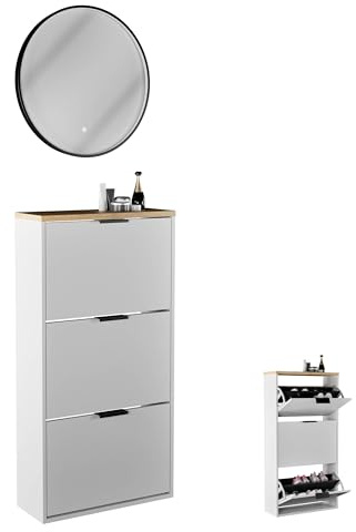 Planetmöbel Schuhschrank schmal inkl. runder Spiegel mit Beleuchtung 60 cm (3 Lichtstufen) Schuhkommode mit 3 Klappen Schuhregal mit 6 Ablagen, Garderobe Set, 60 x 23 x 118 cm, weiß grau