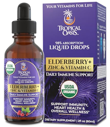 Tropical Oasis USDA Organic Elderberry Liquid Drops with Vitamin C & Zinc | Immune Support for Adults & Kids | Antioxidant | Sugar Free | Vegan | Non-GMO | 2 Fl Oz