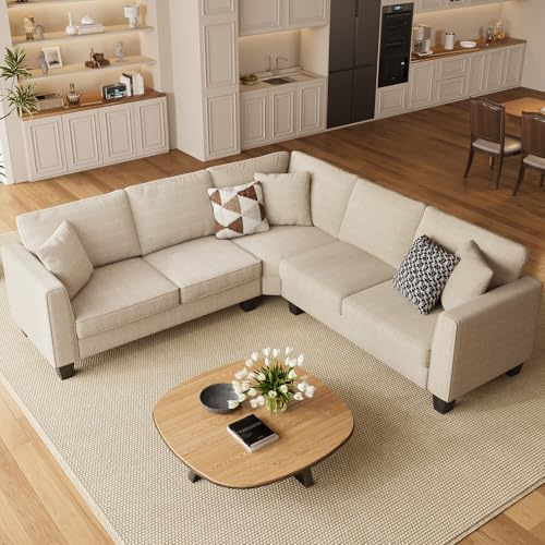 ONBRILL L Shaped Couch, Small Corner Sectional Sofa for Living Room, Comfy Chenille L Shape Sofa with 3 Throw Pillows, Easy Assembly, Convertible Sectional Sofa Couches for Apartment, Beige