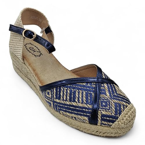 SIM TACT Sandales d'été compensées pour femme avec motif géométrique bleu et beige, style espadrille avec bride à la cheville