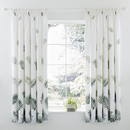 HLS Bedding Modern Charlotte Thomas Fern Pencil Pleat Lined Readymade Curtain Pair, White/Green - 66 x 72