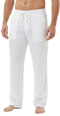 Sterling Sports Mens Trousers Summer Linen Tracksuit Bottoms Men - Quick Dry Mens Tracksuit Bottoms for Yoga, Gym, Work, Office, Running & Holiday Pants Beach Trousers for Men (White, XL)