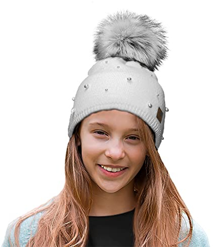 4sold Rita Barnmössa för vintern, stil beanie, stickad mössa med pälstofs, toppluva, huvudbonad, skidåkning, snowboard, En Storlek