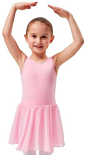 tanzmuster Kinder Ballettkleid Bella aus Baumwolle, breite Träger, Chiffon Rock und besonderer Rückenausschnitt in rosa, Größe:140/146