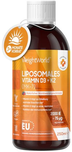 Liposomales Vitamin D3 K2 Tropfen - 2000IE Vitamin D3 + 75 mcg vit K2 MK-7-250ml - Knochen, Immunsystem (EFSA) - 5ml alle 2 Tage - Sonnenvitamin - Alternative zu Kapseln & Tabletten - WeightWorld