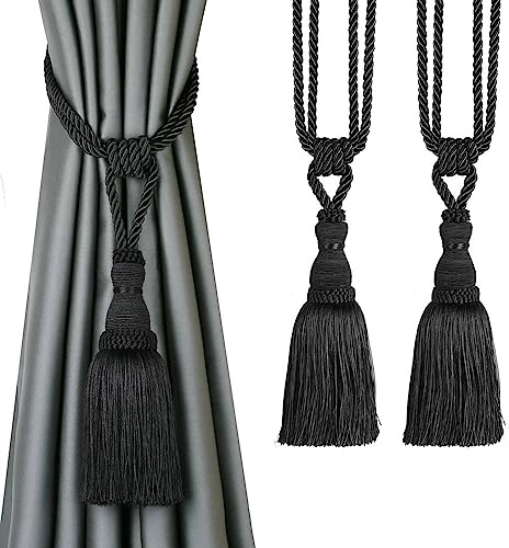 BEL AVENIR 2 Pack Curtain Tiebacks Tassel Drapery Tie-Backs Rope Handmade Holdbacks Home Office Hotel Decorative (Black, 2 Pack)