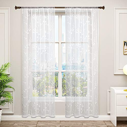 WOLTU 2er Set Gardinen, Vorhänge für Wohnzimmer Kinderzimmer Schlafzimmer, mit Kräuselband, Leinenoptik, Halbtransparent Voile, 140 x 245 cm, Weiß