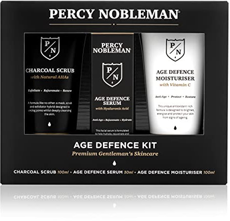 Percy Nobleman Age Defence Kit, un set regalo di skincare per uomini contenente lo Scrub Viso (AHA Naturali), il Siero Viso ultra-idratante (Acido Ialuronico) e la Crema Idratante (Vitamina C)