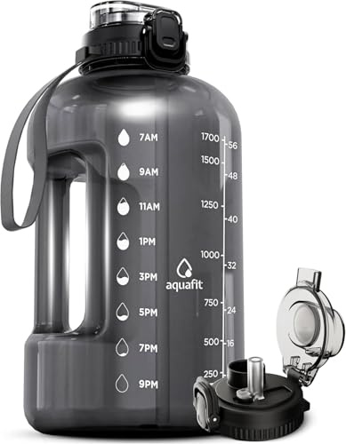 AQUAFIT Half Gallon Water Bottle with Time Marker - Straw & Chug Lid - BPA Free Gym Water Bottle with Straw - Big Gallon Jug (Gray, 64 oz - 2in1 Lid)