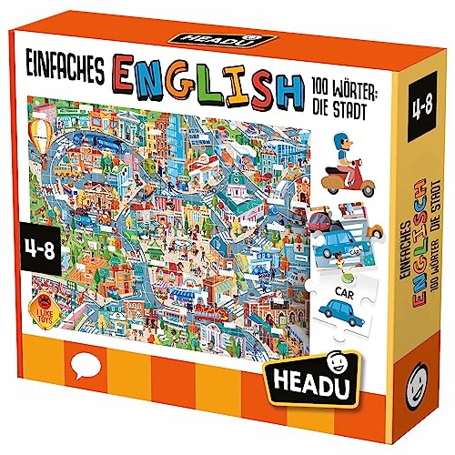 „Einfaches Englisch 100 Wörter - die Stadt (mit App) – Spielen und sofort effektiv Lernen!“: Lernspiel für Kinder im Alter von 4 bis 8 Jahren, deutsche Version (DE56291), Orange