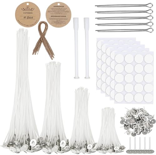 VOCIBO® Kerzendocht Set, 200 Stück Dochte Für Kerzen, Rauchfrei Kerzendocht, Kerzen Selber Machen Set, Kerzendochte für Kerzen mit 10 Kerzenanhänger, für DIY Duftkerzen, 5 Größen (2,6/6/10/15/20 cm)