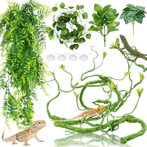 Hängepflanze Terrarium Zubehör, QUOZUO Künstliche Pflanzen Reptilien Terrarium Kletterreben Blätter, kunstpflanze hängend, Chamäleon Terrarium Deko für Eidechsen, Schlangen