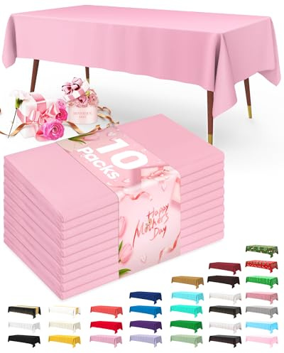 Pureegg Plastic Table Cloth Disposable 10 Pack, 54 x 108 Inch Table Cloths, Easter Party, Valentines, Mothers Day Decorations, Tablecloths, Rectangle, Pastel Plastic Cover, Leakproof & Sturdy, Pink