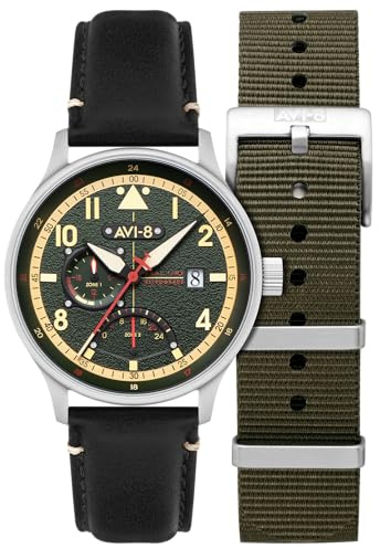 AVI-8 Hawker Hurricane Mckellar Orologio da uomo 44 mm Dual Time con cinturino in pelle AV-4101, Verde gotico, Mckellar Dual Time